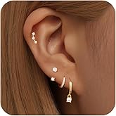 NECOCY 4 Pairs 14k Gold Hoop Plated Earrings Set for Women - Huggie Dangle Stack - Trendy Multiple Piercing Stud CZ Ear Cuff - Non Tarnish Jewelry