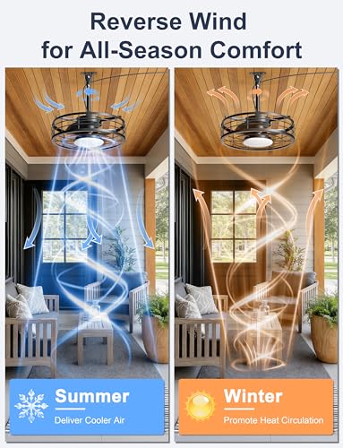 Phylluz Outdoor Ceiling Fan with Lights - 16'' Wet Rated Gazebo Fan Remote/APP Control, Caged Hanging Fan Plug and Play for Covered Patio Porch, Black