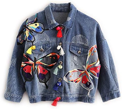 Chiced Colorful Butterfly Embroidery Ladies Jean Jackets Womens Denim Coats with Tassel