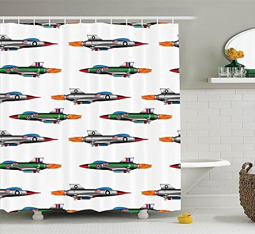 Airplane Decor Shower Curtain Set by , Collection of Jet-fighters Rocket Aviation Attack Fire Bombers Missile Modern UK Model Print, Bathroom Accessories, 84 Inches Extralong, Multi