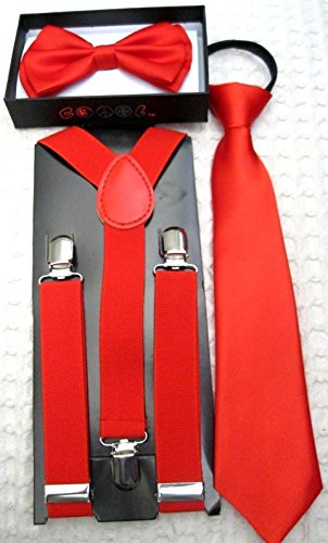 Unisex Fashion Kids Teens Teenagers Solid Red 2 Layer Adjustable All Polyester Silk Bow Tie and Matching Kids Teens Teenagers Solid Red Adjustable Suspenders with Red Neck Tie Combo-new in Factory Pkg!