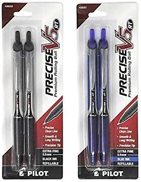 Pilot Precise V5 Retractable Pen Rolling Ball Pens Extra Fine Point Bundle – 2-Pack Black Ink (26050) and 2-Pack Blue Ink (25051)