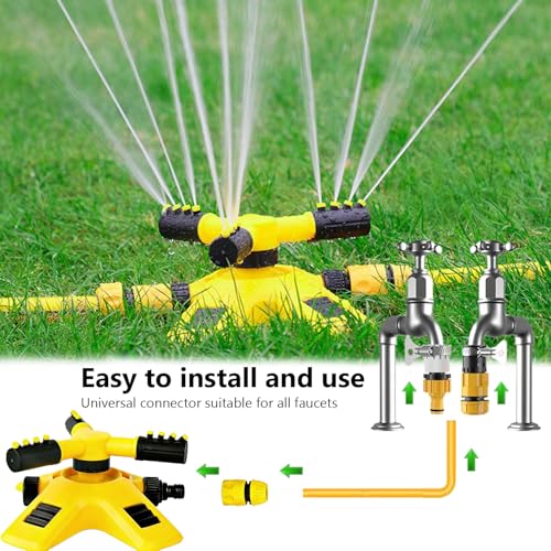 Lawn Sprinkler 360 Degree Sprinkler, Garden Irrigation System with a 10 Metre Long Leather Tube, Automatic Lawn Sprinkler Water 3-Arm Rotating Sprinkler with Quick Connector for Garden Lawn