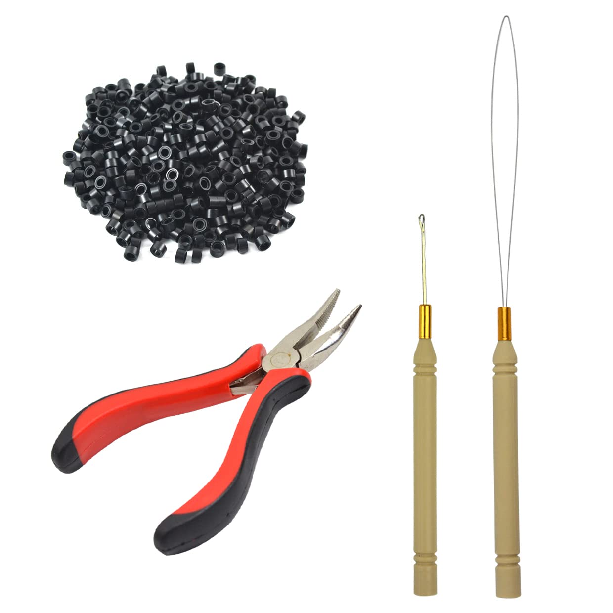 Hair Extensions Pliers Tool Kit I-tip Hair Pliers Pulling Hook Bead Device Tool Kits and 500 pcs 5mm Silicone Lined Micro Rings (Black)