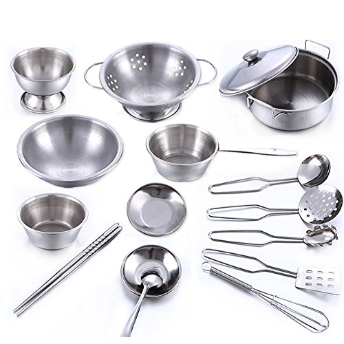 USHOT 16 Pcs Set Kids Play House Kitchen Toys Cookware Cooking Utensils Pots Pans Gift Silver One Size - Thumbnail 3
