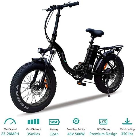 Vtuvia 20 Inch Fat Tire Folding Electric Bike Beach Snow Mountain 500W Motor 48V 12AH Removable Lithium-Ion Battery Electric Bicycle