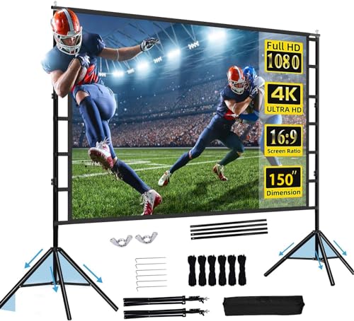 Hcosmy Projector Screen with Stand,100/120/150 inch Outdoor Projector Screen Portable Indoor Projection Screen 16:9 4K Rear Front Movie Screen with Carry Bag for Home Backyard Theater (150 inch)