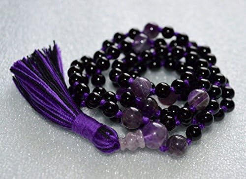 Purple Amethyst & Black Onyx 8mm 108+1 Hand knotted Mala Beads tassel Necklace - Meditation Om Yoga chanting Mala Necklace for Nirvana Awakening Chakras