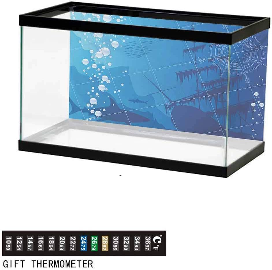 wwwhsl Aquarium Background,Static Cling,Underwater with Sharks Old Ship Compass Windrose Deep Water Bubbles Illustration Underwater Poster Fish Tank Wall Decorations Sticker