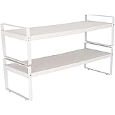 BAUCCA Set of 2 White Kitchen Countertop Shelves, Expandable Cabinet Shelf Organizers, Stackable Metal Pantry Storage Shelves for Spice Rack, Cupboard