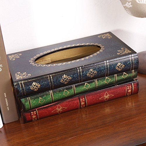 LYUS Tissue Holder Elegant Wooden Antique Book Design Tissue Paper Holder Dispenser Novelty Napkin Holder Toilet Bath Facial Tissue Box (Blue)
