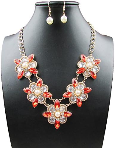 Simulated Pearl Jewelry Sets Fashion Flower Faux Pearl Necklace and Earring Set for Women (Red)