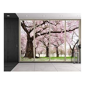 Wall26 - Petals Falling from Cherry Blossom Trees Viewed from Sliding Door - Creative Wall Mural, Peel and Stick Wallpaper, Home Decor - 66x96 inches