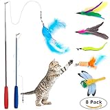 8 Pcs Cat Feather Toy, Cat Toy Wand, Teaser Wand Toy Set, Wineecy Cat Toys Interactive Retractable Wand Rod with Assorted Feather Toy for Exercising Kitten or Cat