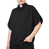 Womens Church Clergy Shirt Tab Collar Pleated Batwing Sleeves Blouse Top
