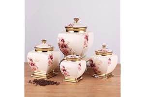 4-Piece Floral Ceramic Canister Set with Gold Trim | Elegant Kitchen Storage Jars