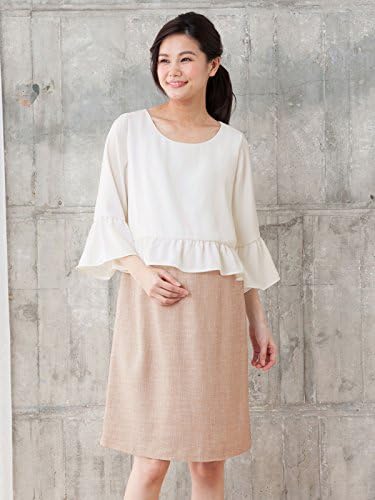 Angeliebe エンジェリーベ マタニティー ワンピース 授乳口付き ラメツイード 袖フレア ワンピ 妊婦服 産前 産後 お宮参り 戌の日 フォーマル M ベージュ 224