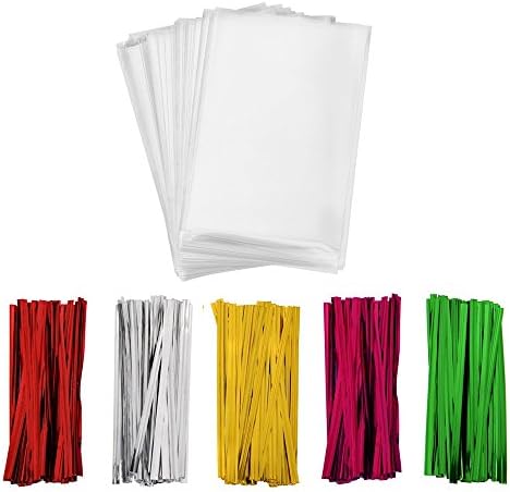 200 Pcs Clear Treat Bags with 200 5” Twist Ties 5 Mix Colors 1.4 Mils Cellophane Bags for Candy Cookie Bakery (5" x 8")