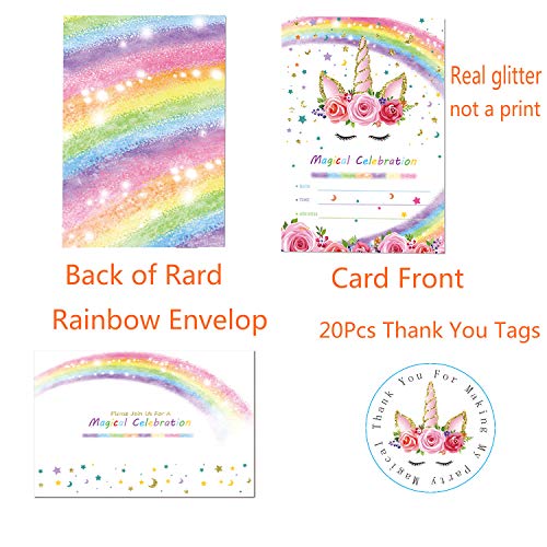 Outego Magical Rainbow Unicorn Birthday Invitation, Glitter Unicorn Party Invitations with Envelopes for Kids Birthday Baby Shower Unicorn Party Supplies (20 Pack) - Thumbnail 2