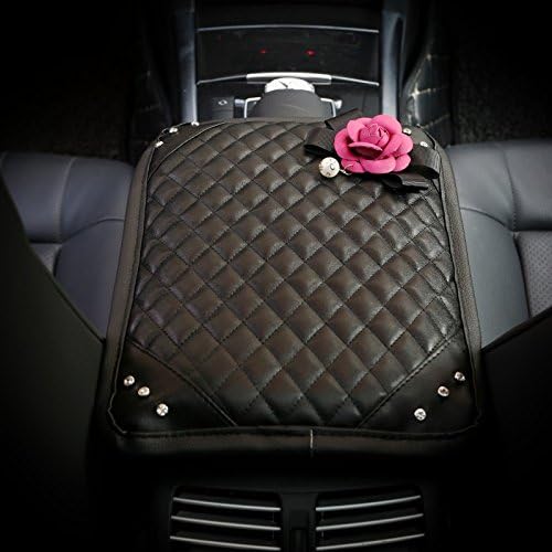 Follicomfy Car Armrest Center Console Cover Cushion Pad with Crystal Pearl Flower Fashion Car Interior Accessories,Rose Red Flower