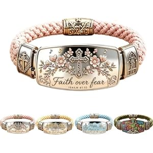 Faith Over Fear Bracelet Christian, Isaiah 41:10 Cross Bangle, Cherry Blossom Scripture Jewelry Gift for Women Mom