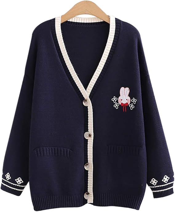 Amazon レディース ニット カーディガン 無地 かわいい ウサギ 刺繡 カジュアル ニットカーディガン レディース 制服 おしゃれ 前開き セーター トップス アウター 秋 冬 ネイビー カーディガン ボレロ 通販