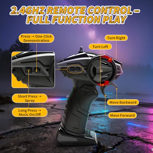 Eaglestone 1:16 4WD RC Car with LED Lights, Music & Spray, 2.4GHz Off-Road Remote Control Vehicle with Dual Battery 40-Min Playtime, One-Click Demonstration Gift for Kids Boys Ages 5-12
