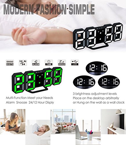 LED Digital Electronic Alarm Clock, Modern Multi-Functional Desk / Shelf Wall Clock with Dimmable Nightlight, Snooze, Auto Memory, 24/12 Hour Display (Black Frame, Green Light)