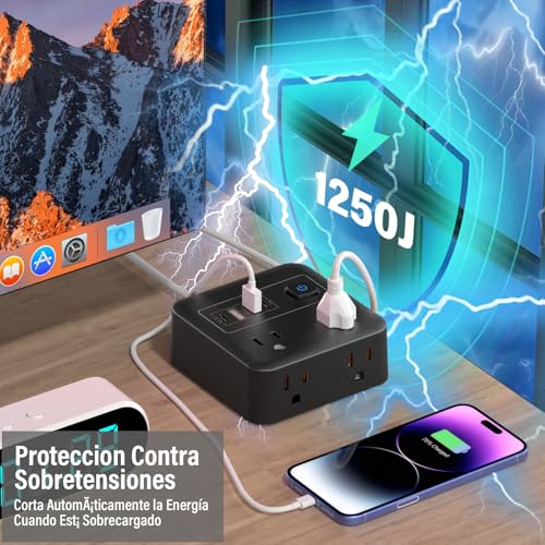 KIROGILY Multicontacto Extension Electrica con Protector Supresor de Picos Voltaje, 8 En 1 Regleta Multicontactos USB Hogar Oficina, Sleek Socket con Enchufe Plano, 4 Salidas Y 4 USB (2 USB-C), 1.8 M
