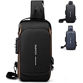 PEAGLOB Travel Sling Bag Waterproof Crossbody Bag with Combination Lock Anti-Theft PU Leather Chest Bag with USB Charging Hole Shoulder Backpack Motorcycle Bags Black-gold
