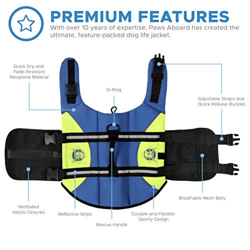 Paws Aboard Dog Life Jacket, Neoprene Dog Life Vest for Swimming and Boating - Blue/Yellow Paws Aboard Dog Life Jacket, Neoprene Dog Life Vest for Swimming and Boating - Blue/Yellow