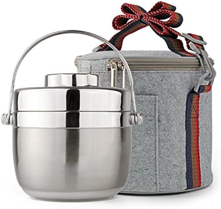 Round Stainless Steel Insulated Lunch Box Food Container 2-Tire with Thermos Bag,1.5L (Silver Grey)
