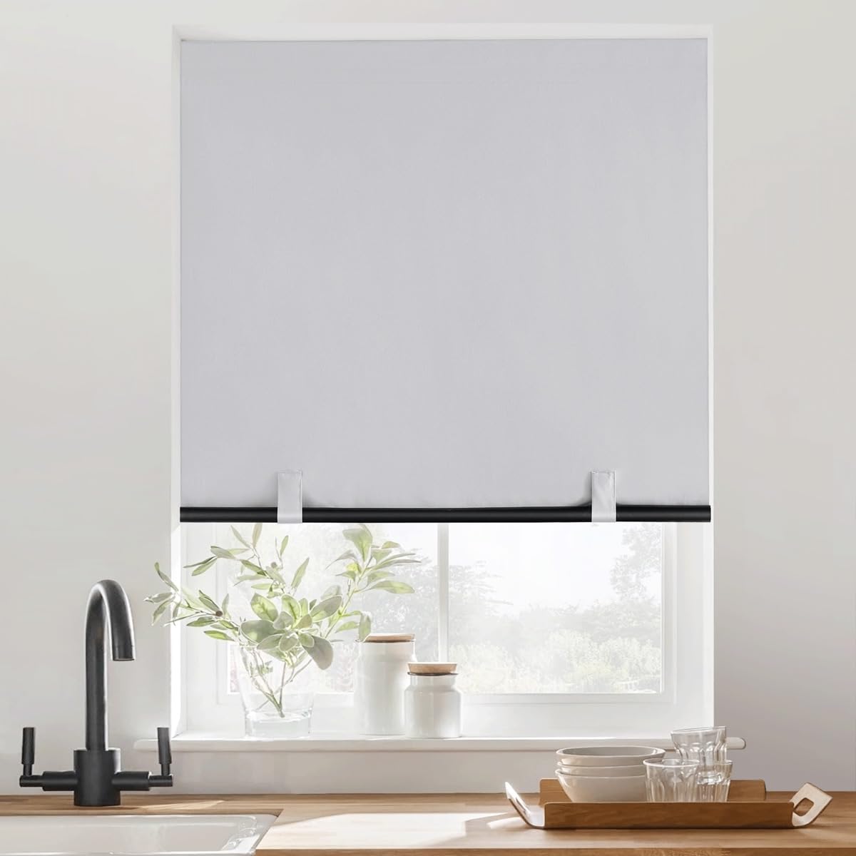 Photo 1 of RYB HOME Full Blackout Cordless Roller Shades Cuttable for Window and Door with 2 Magnetic Tie Backs, No Drill Privacy Blinds with Customizable Width for Bedroom, Greyish White, W36xL72, 1 Panel