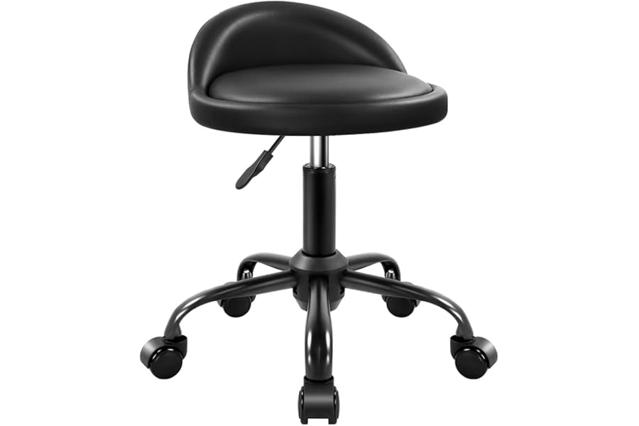 KKTONER Rolling Stool with BackRest Height Adjustable Round Chair with Wheels Swivel Drafting Work PU Leather stools Small (Black)