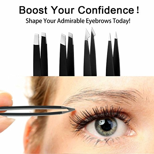 Motyya Eyebrow Tweezers Set 4-Piece Professional Stainless Steel Slant Tip and Pointed Tweezer. Best Precision for Eyebrows Plucking, Splinter Ingrown Hair Remover, Blackhead and Eyelash Extensions