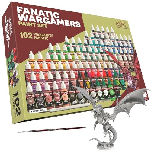 The Army Painter Warpaints Fanatic Wargamers Set Combo - 102 x 18 ml Acrylic Paints, Incl. Metallics, Washes, Effects, 2 Brushes & 1 Miniature - Miniature Paint Set for D&D & Warhammer