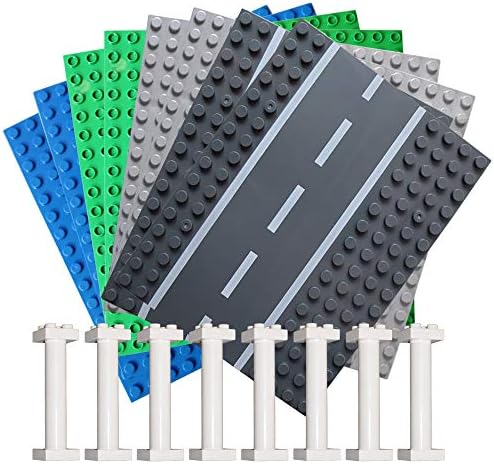 8 Pack Building Baseplates Including Brick Stackable Plates, Building Block Walls, Straight Road Baseplates and 8 Pack Stackers, Compatible with Duplo, Mega and Others Major Brand Bigger Size Bricks