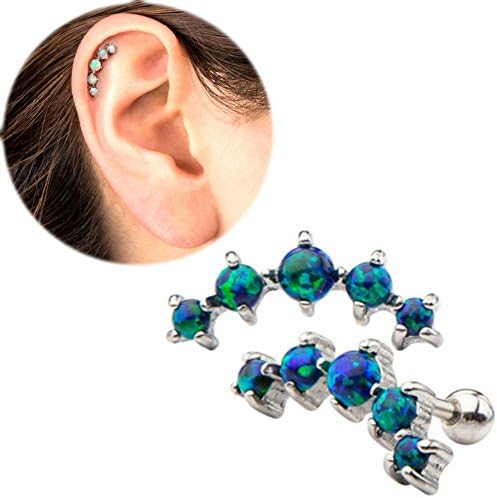 One Piece 16G 1/4''Prong Set Synthetic Opal with curved design to comfortably fit the anatomy of the top cartilage of the ear (Black)
