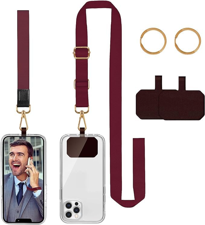 DGHYDZ Cell Phone Lanyard, Universal Crossbody Lanyards Adjustable Shoulder Neck Strap with wrist lanyard, 2 Key Rings, 2 Phone Tether Pads Compatible Most Smartphones (13-Burgundy)