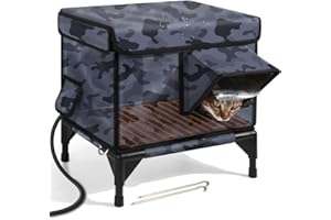 LAMLINGO Outdoor Heated Cat House in Winter,Extremely Insulated & Weatherproof,Elevated Feral Cat Shelter with Waterproof Eaves & Escape Door for Outside Stray Barn Cat (Black Camo, S:17.0" Lx13.0 Wx17.1 Th)