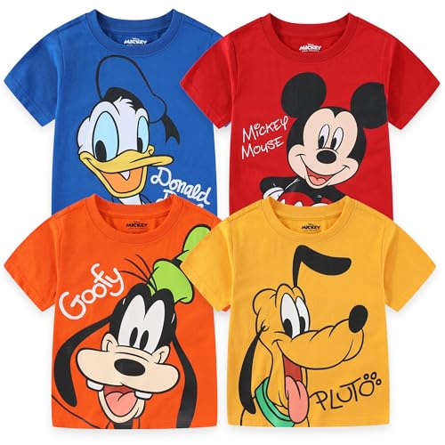 Disney Mickey Mouse & Friends Boys' 4 Pack T-Shirt for Toddler and Little Kids – Blue/Red/Yellow/Orange