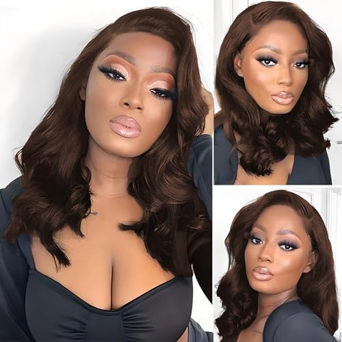 Glueless Wig Human Hair Bob Wigs for Women Human Hair Wear and Go Glueless Wig 4x4 Pre Cut Body Wave Lace Front Wigs Natural Hairline 180% Density Chocolate Brown Color 12 inch (30cm)