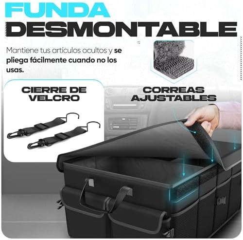Organizador de Bagageira de Carro, Caixa Dobrável de SUV com Compartimentos, Acessórios Automóveis Mulheres Homem, Tecido Oxford 600D, Base Antiderrapante, Tiras Ajustáveis, Tampa Suave (50L)