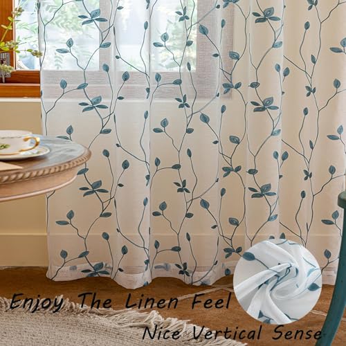 2 Panels Leaf Pattern Semi-Sheer Curtains, 137 x 213 CM Floral Foliage Embroidered Voile Window Drapes for Bedroom & Living Room, Rod Pocket Design, White & Teal