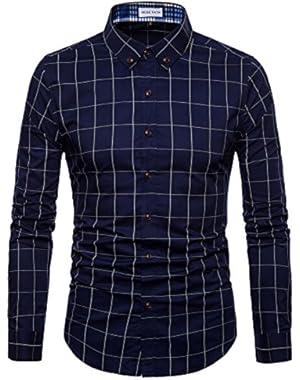 Mens Long Sleeve Plaid Classic Shirt-Easycare 100% Cotton Shirt