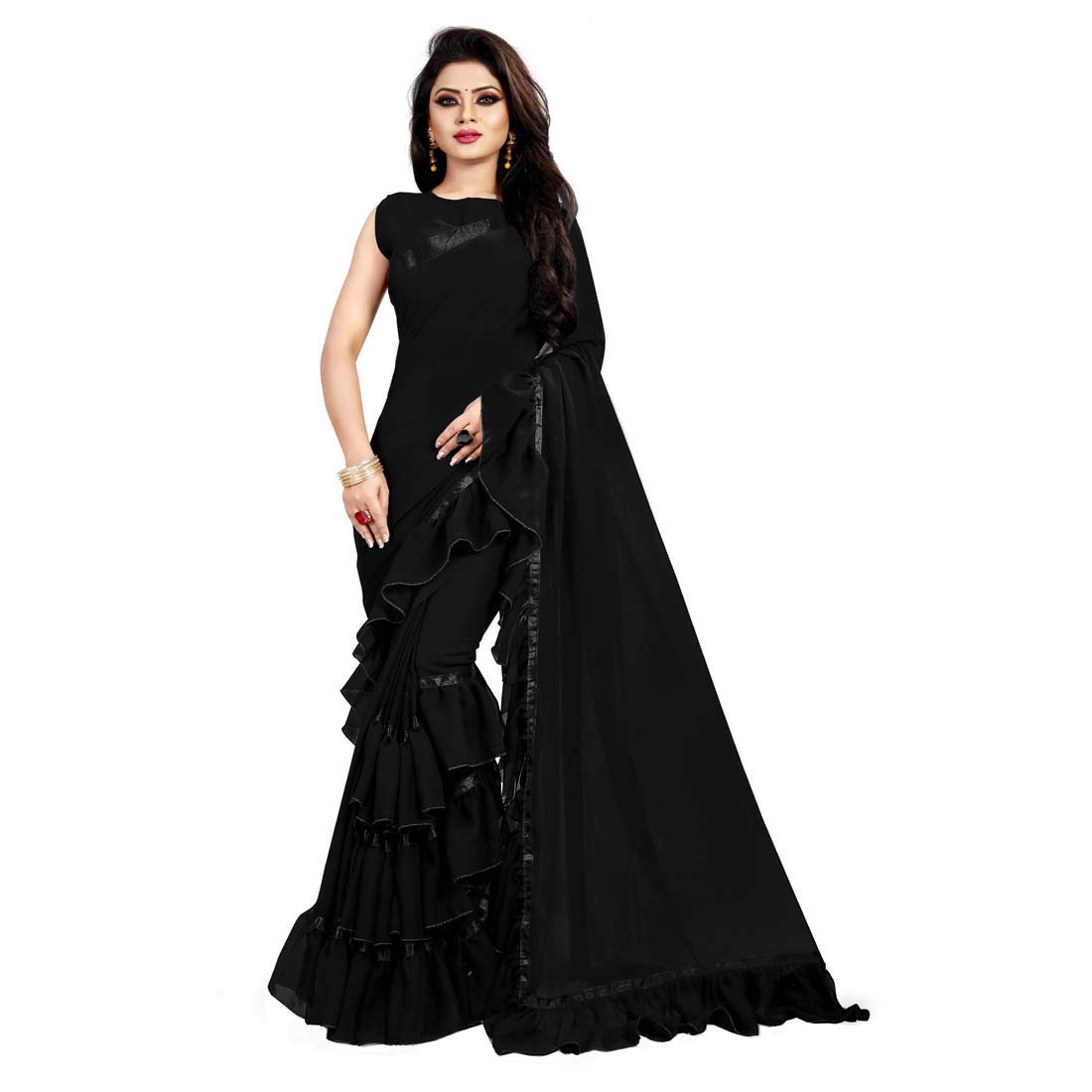 bigben textile georgette solid ruffle saree with blouse piece