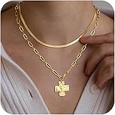 HABIKIP Valentine's Day Gift 14K Gold Plated Layered Necklace for Women, Stackable Chunky Cross Choker Necklaces for Women Trendy, Gold Statement Pendant Chain Toggle Front Clasp Thick Simple Jewelry