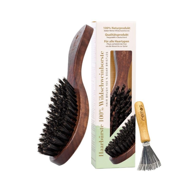 REMOS Hairbrush with 100% wild boar bristles made of walnut wood - wide handle