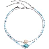 Colorful Beaded Choker Necklace for Women Bohemian Starfish Turtle Shell Layered Necklace Handmade Adjustable Colorful Rice Beads Charm Choker Necklace Boho Beach Summer Ocean Hawaii Jewelry