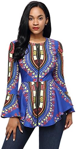 Women Cobalt Blue African Print Babydoll Bell Long Sleeve Zipper Front Sweater Top Ladies